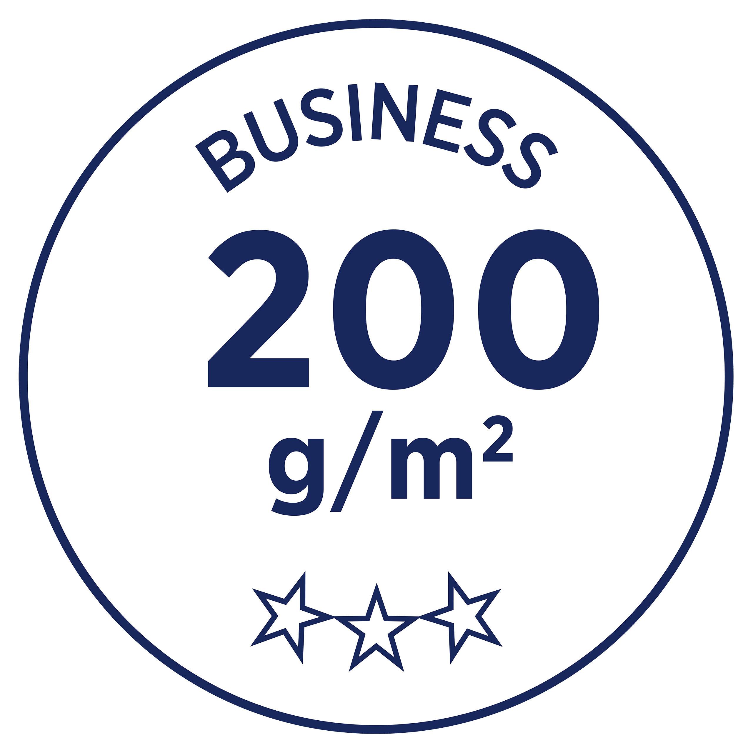 'BUSINESS 200 g/m²', obklopený kruhem a třemi hvězdami pod ním, symbolizuje papírovou kvalitu nebo tloušťku.