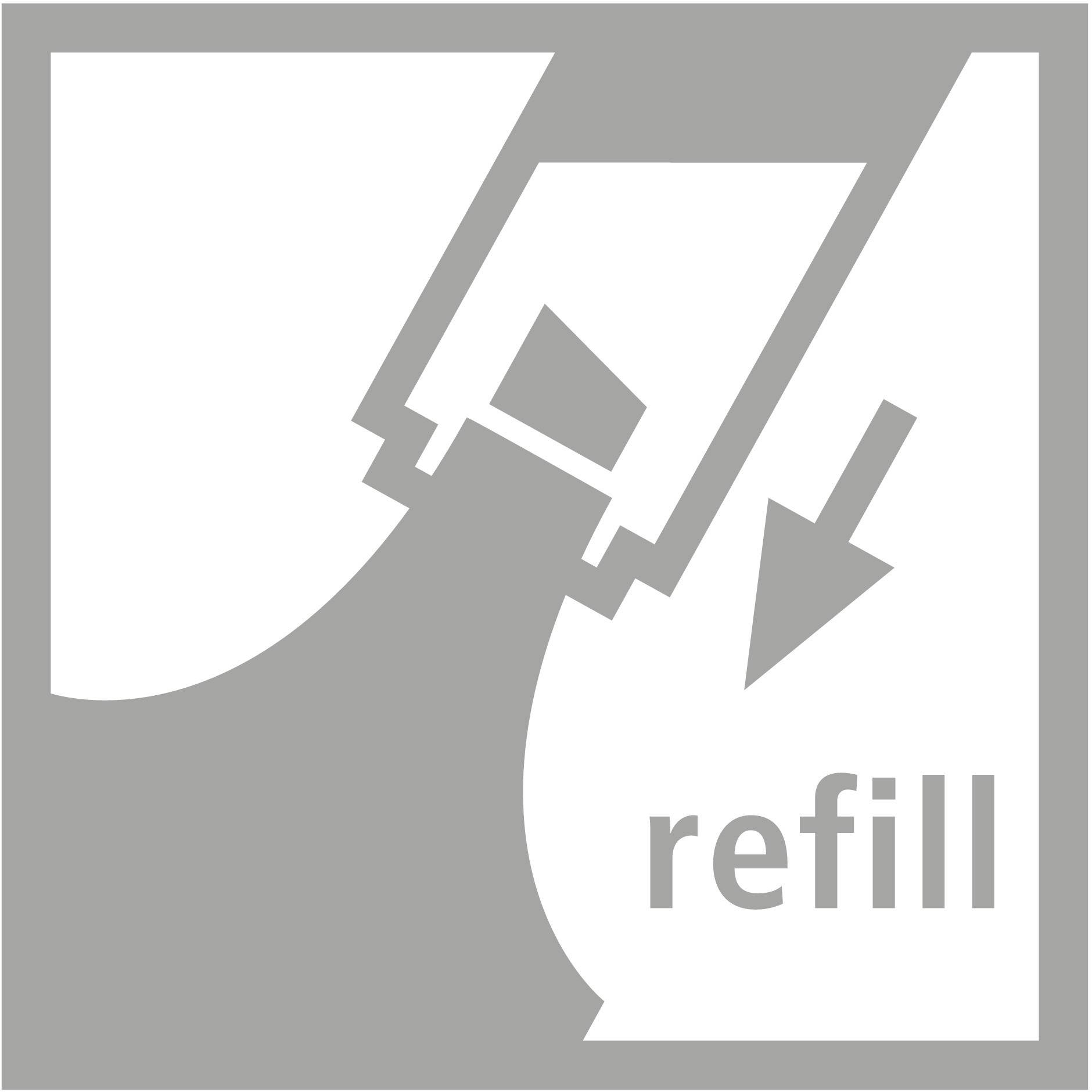 Symbol „Doplnit" se šipkou ukazující na otvor. Bílý design na šedém pozadí. Ukazuje, kde je možné doplnit.