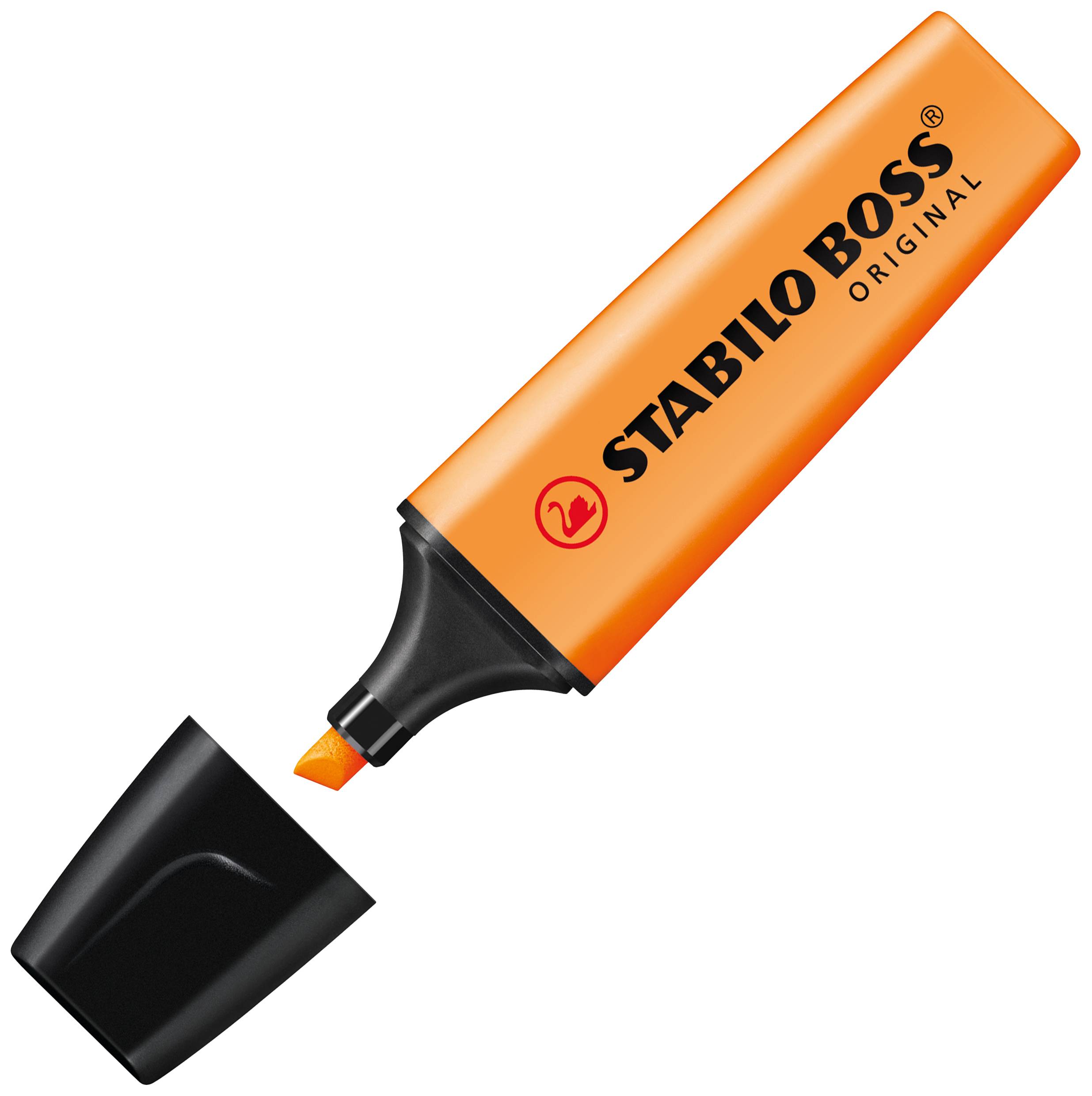Oranžový zvýrazňovač Stabilo Boss Original s odejmutou čepičkou, hrotem směřujícím doprava nahoru.