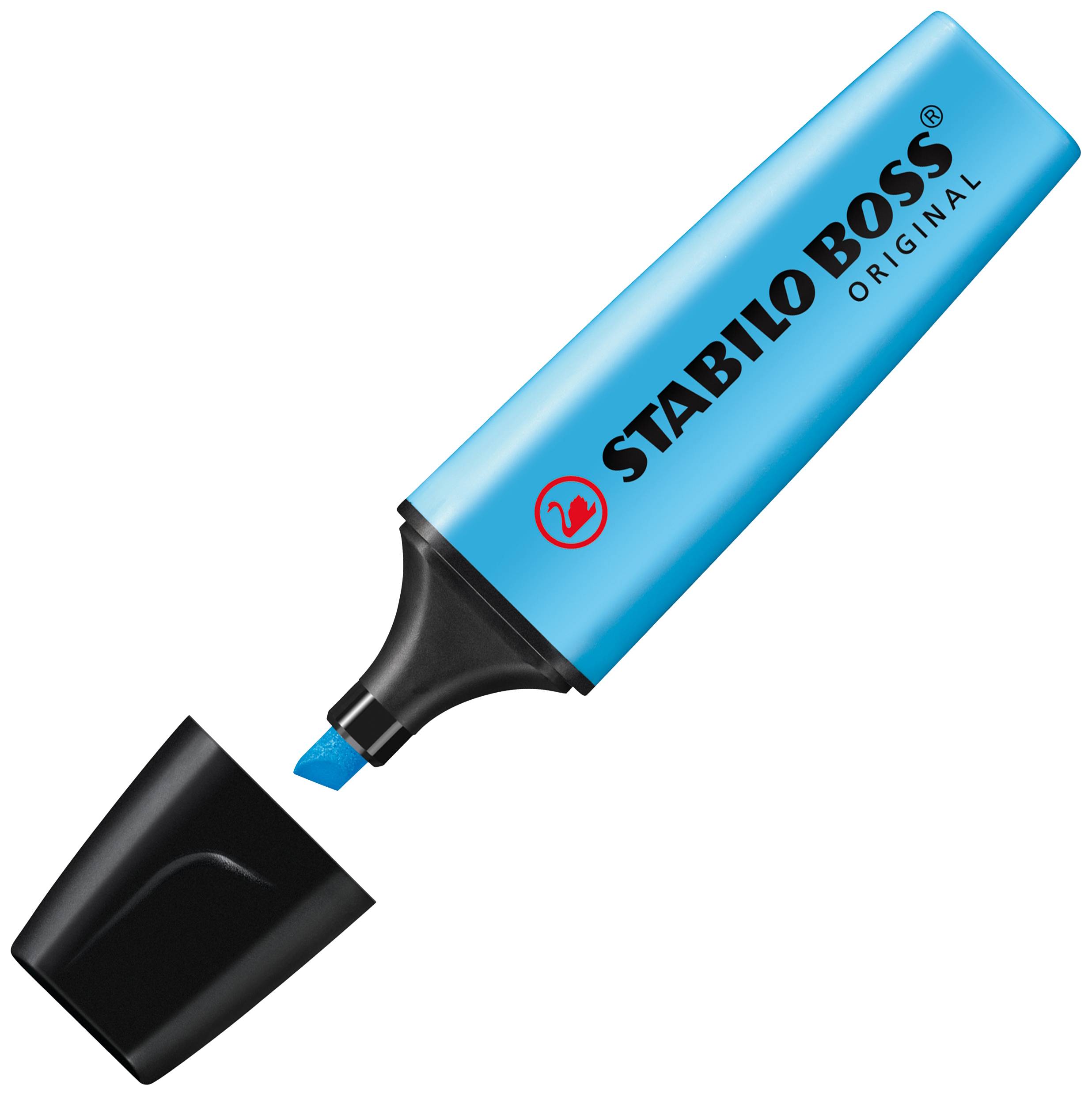 Modrý zvýrazňovač STABILO BOSS Original s odklopeným víčkem, který ukazuje hrot.