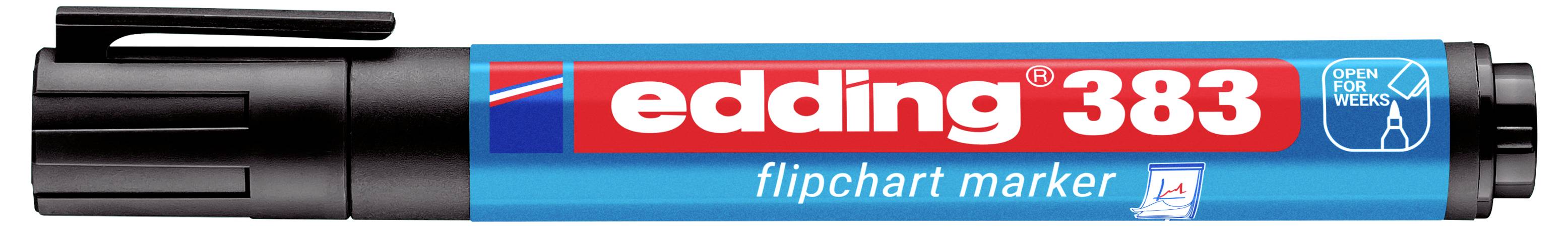 Černý fix Edding 383 na flipchart s červeným a modrým štítkem, zobrazený vodorovně s víčkem vlevo.