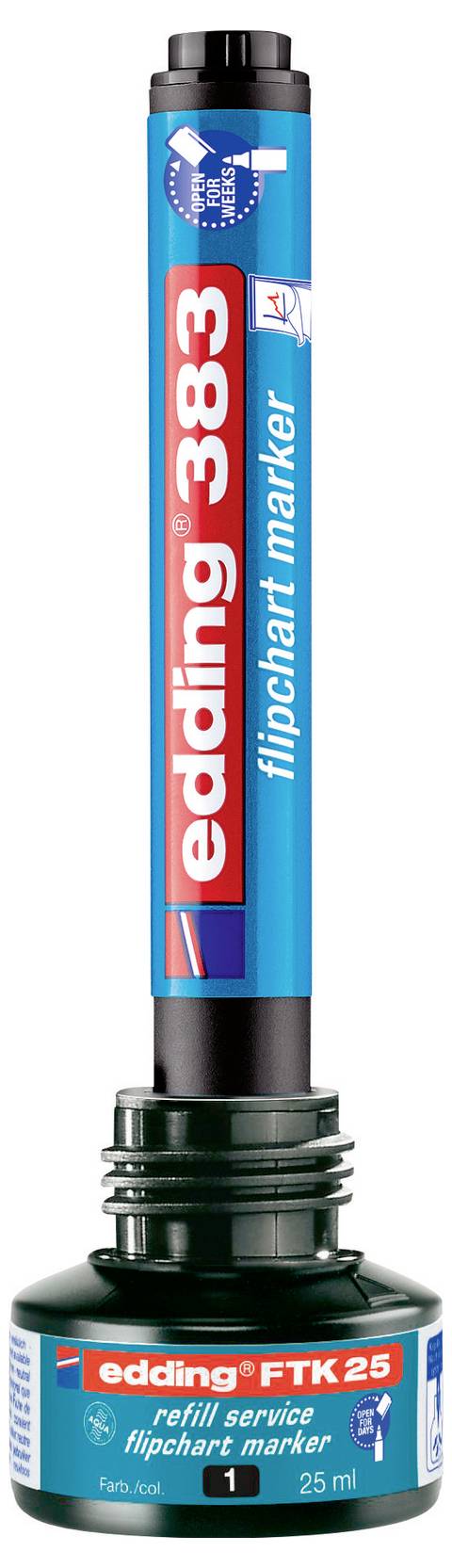 Modrý a černý fix Edding 383 na flip chart stojící vzpřímeně, s červeným a bílým značením a širokým skosením hrotu.