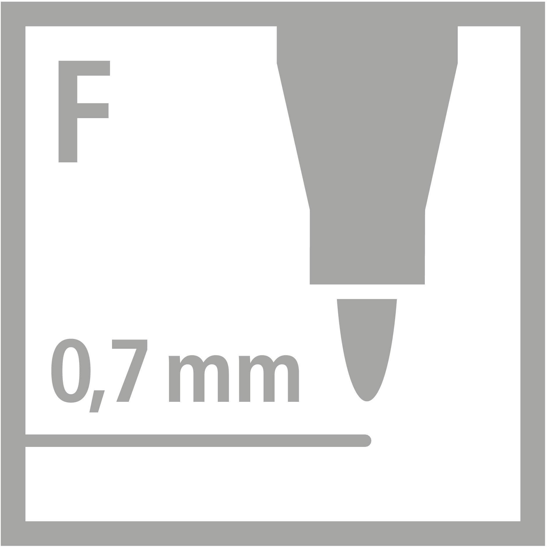 'F' a '0,7 mm' v šedém čtverci se stylizovanou špičkou pera; symbolizuje jemnou tloušťku hrotu pera.