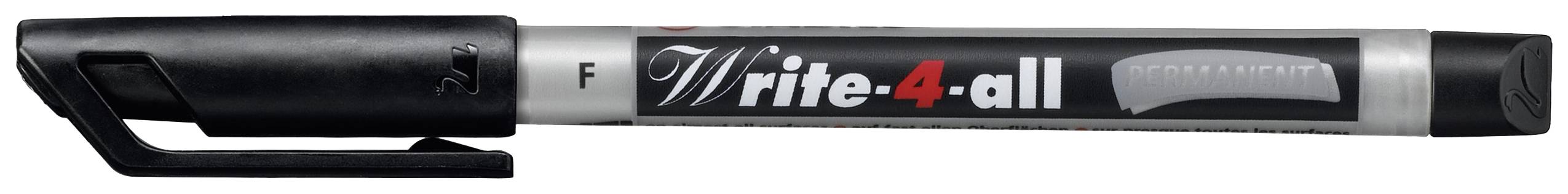 Černý permanentní fix s nápisem 'Write-4-all', s odnímatelným víčkem, vhodný pro různé povrchy.
