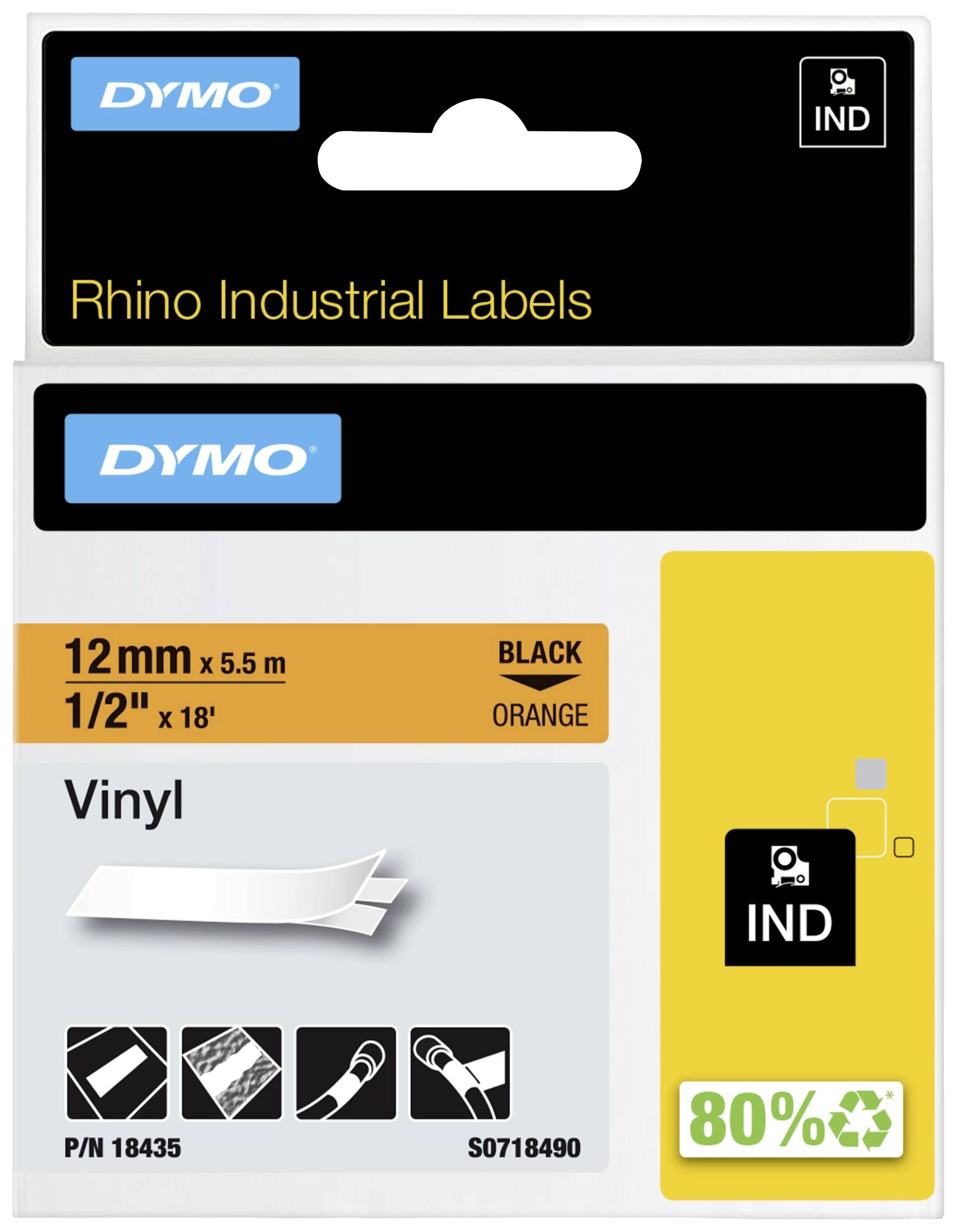 Průmyslové štítky 'DYMO' Rhino. Vinylové štítky, 12mm, černé na oranžové. Obsahuje aplikační piktogramy.