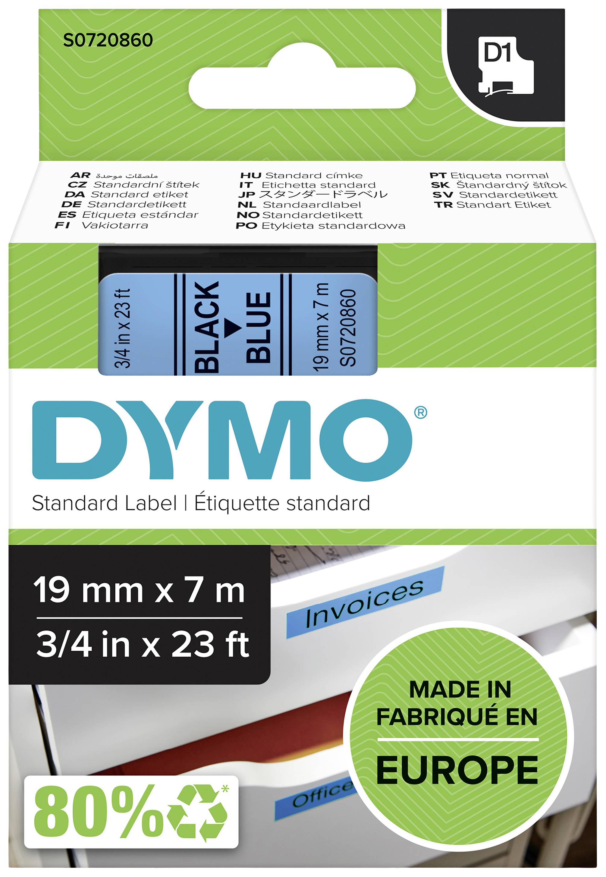 Standardní etiketa DYMO, balení pro štítkovou pásku, 19 mm x 7 m, v modré a černé barvě. Poznámka: Vyrobeno v Evropě, 80 % recyklovaných materiálů.