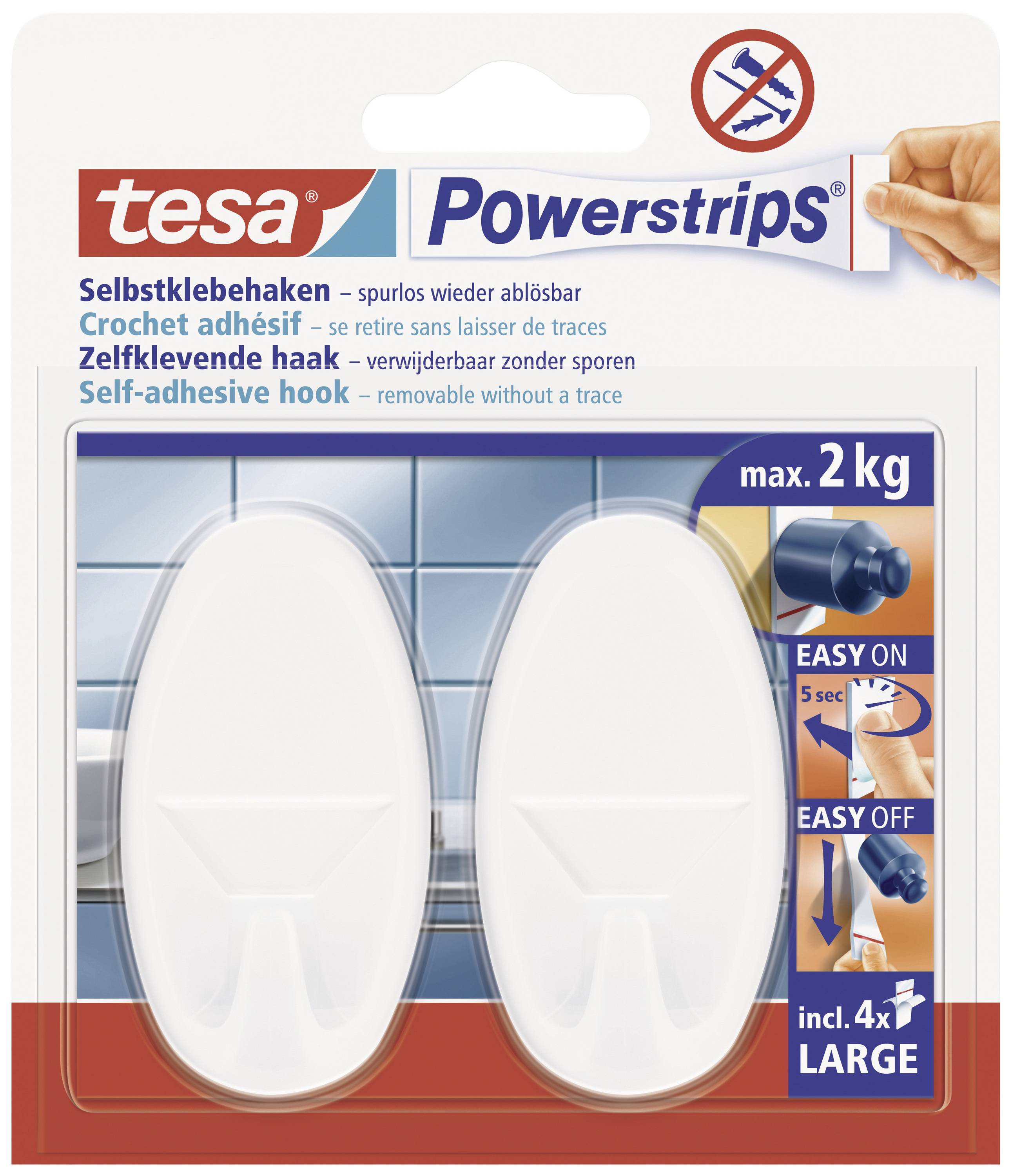 Balení tesa Powerstrips se dvěma samolepicími háčky. Udrží až 2 kg. Pokyny pro snadnou instalaci a bezstopé použití.