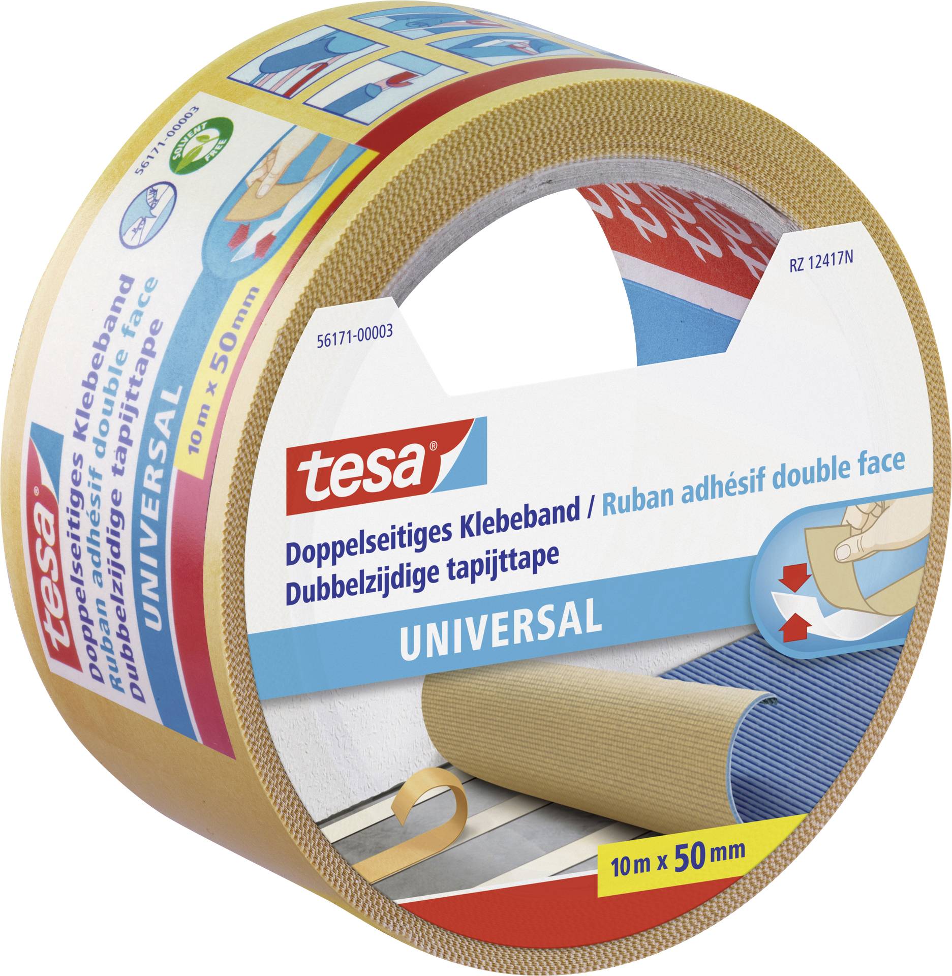 Obrázek znázorňuje roli oboustranné lepicí pásky značky 'tesa', typ Universal, o rozměrech 10 m x 50 mm, v obalu s modrým a červeným potiskem.