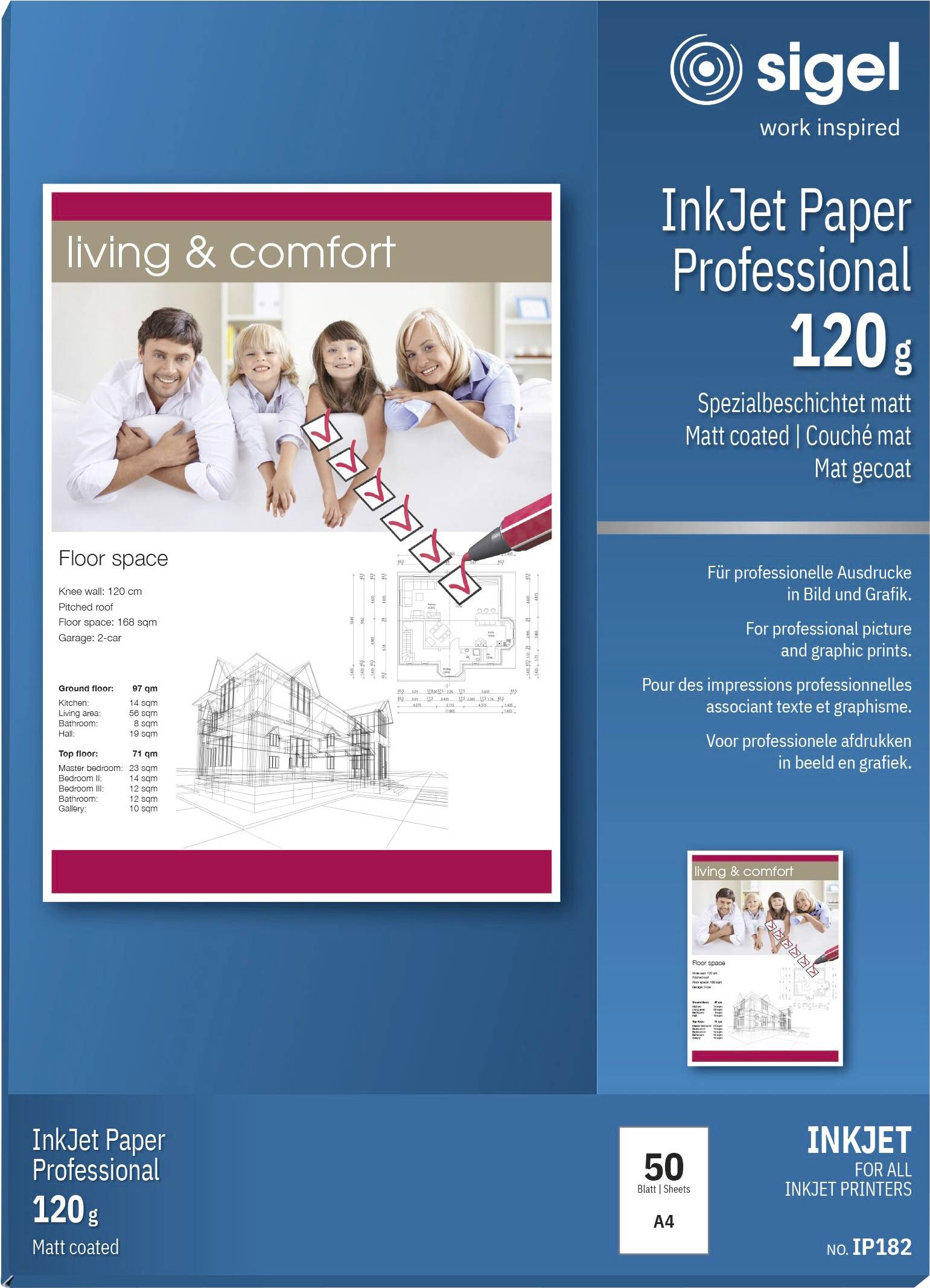 Sigel InkJet Paper Professional 120 g, matný nátěr, se vzorkem tisku 'living & comfort' pro fotografický a grafický tisk.