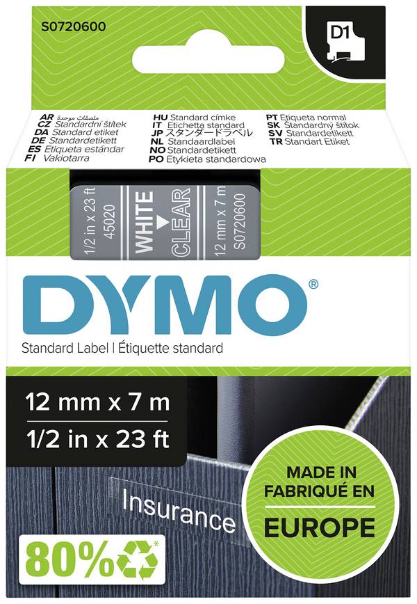 etikety DYMO D1 45020 Barva pásky: transparentní Barva písma:bílá 12 mm 7 m