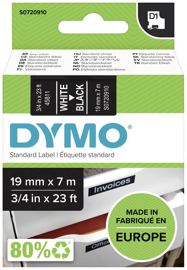 etikety DYMO D1 45811 Barva pásky: černá Barva písma:bílá 19 mm 7 m