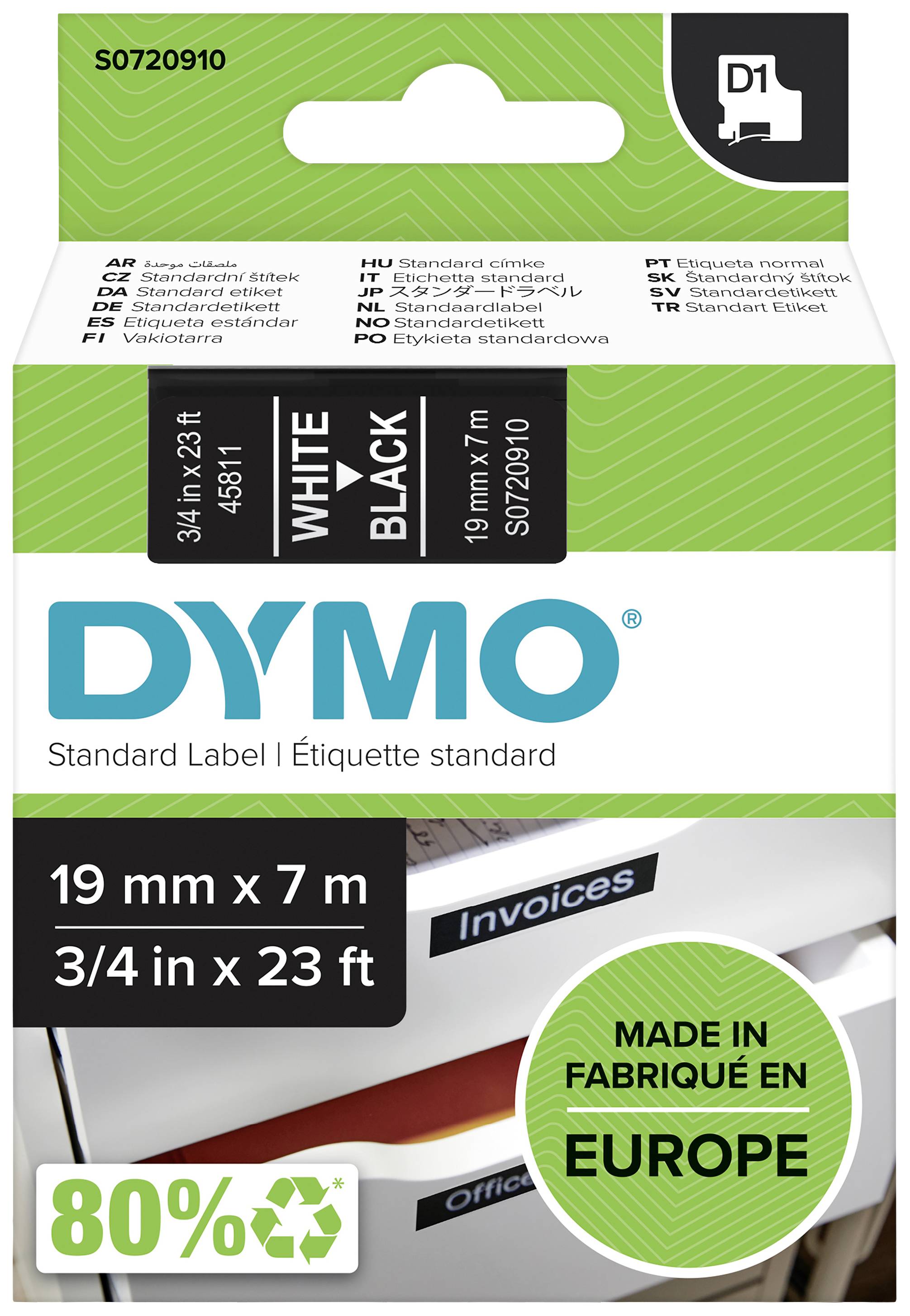 DYMO standardní kazeta štítků, bílá na černé, 19 mm x 7 m. Vyrobeno v Evropě, 80% recyklovaného materiálu.