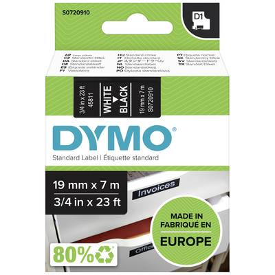 DYMO standardní kazeta štítků, bílá na černé, 19 mm x 7 m. Vyrobeno v Evropě, 80% recyklovaného materiálu.