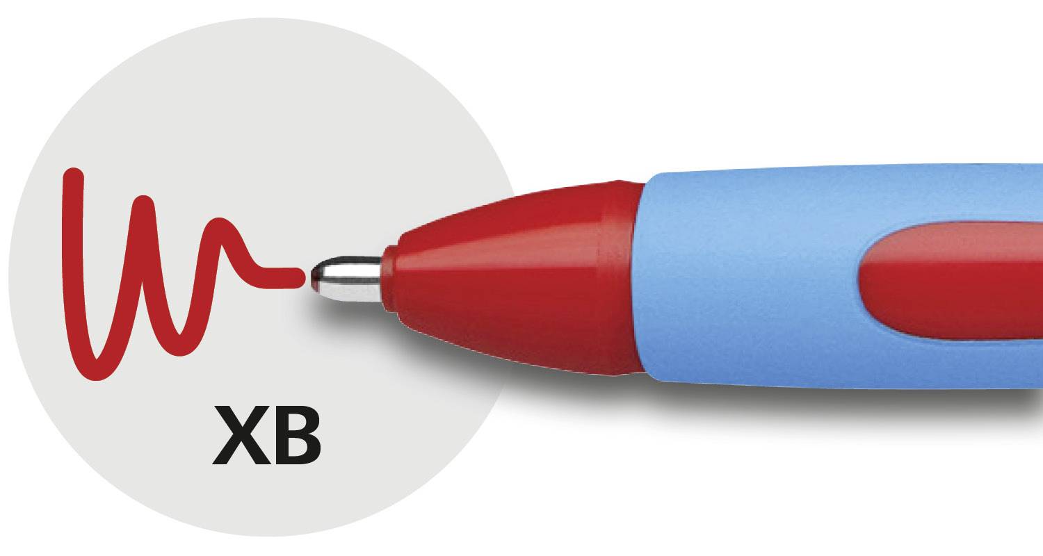Modrý a červený kuličkový fix s červeným inkoustem. Vpravo vedle něj červená čára a písmena 'XB'.