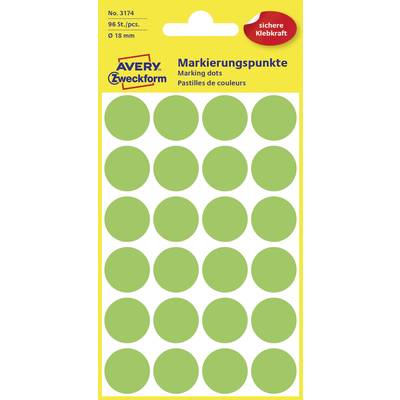Zelené značkovací body na žlutém pozadí. Produktové balení od Avery Zweckform obsahující 96 kulatých samolepicích bodů o průměru 18 mm.
