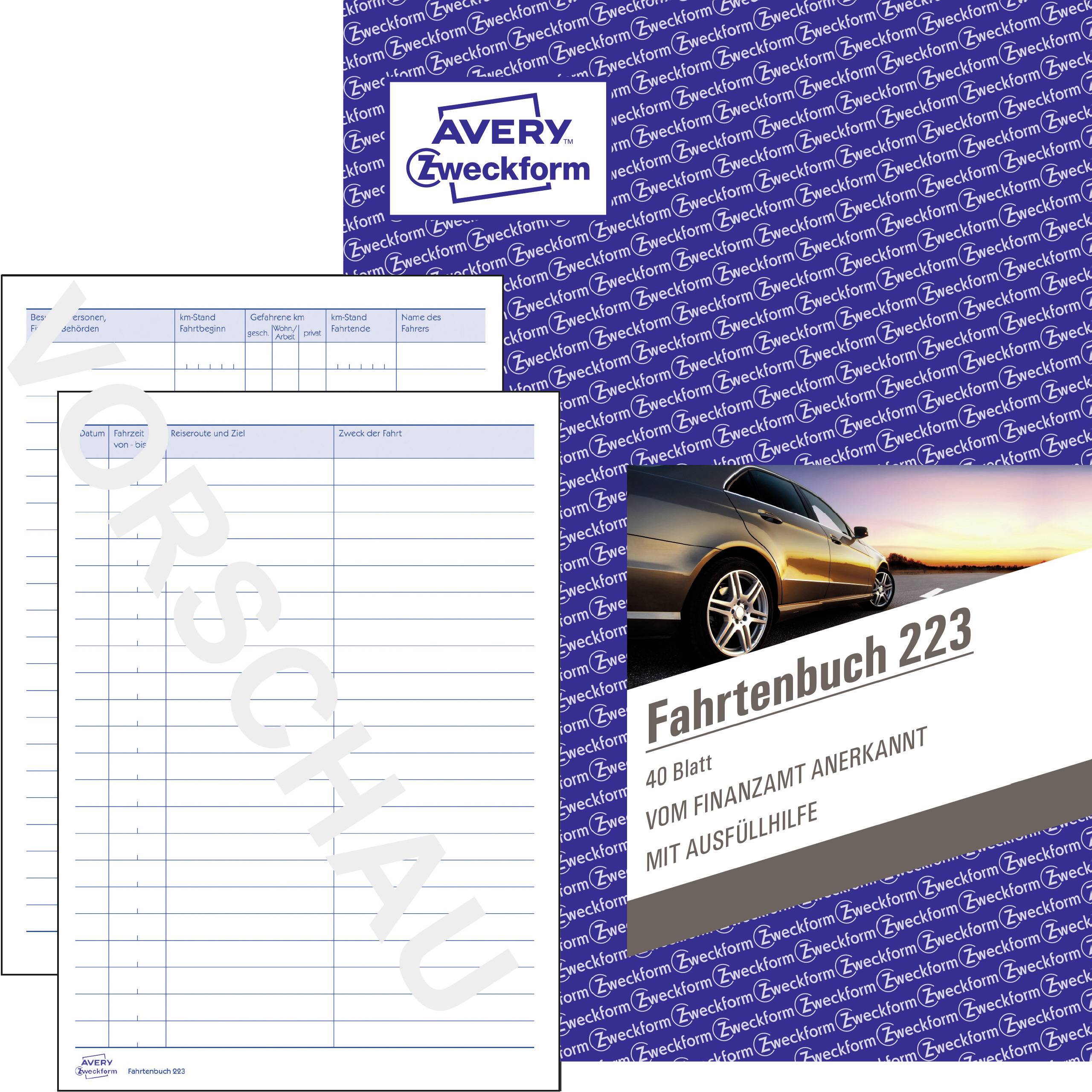 Obrázek zobrazuje knihu jízd od společnosti Avery Zweckform, která obsahuje 40 listů. Je uznávaná finančním úřadem a obsahuje návod k vyplnění.