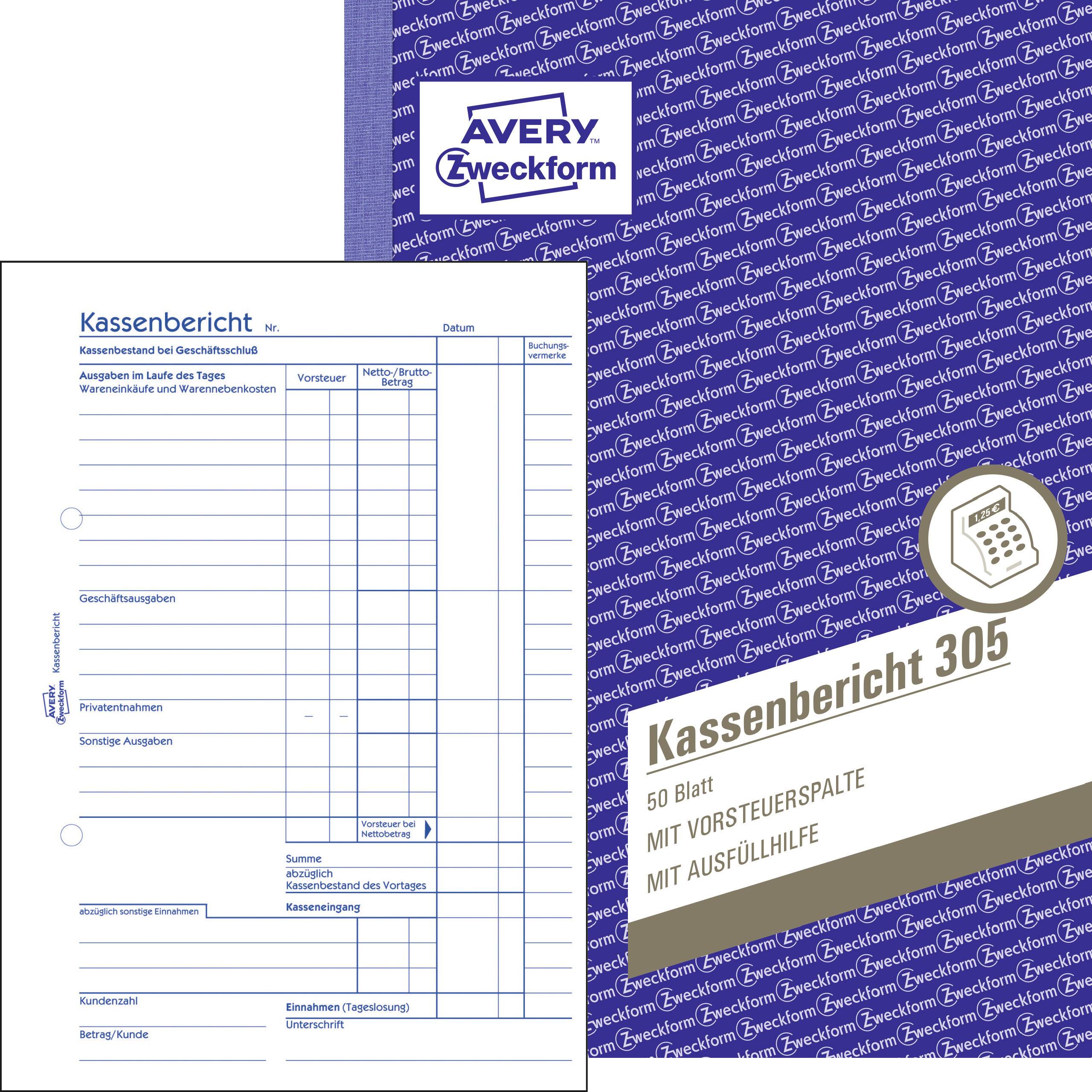 Obrázek ukazuje pokladní zprávu Avery Zweckform 305 s balením 50 listů a předtištěnými políčky pro příjmy a výdaje.