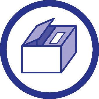 Symbol volební urny v modrém kruhu, zobrazující otevřenou volební schránku s otvorem pro vhazování hlasovacích lístků.