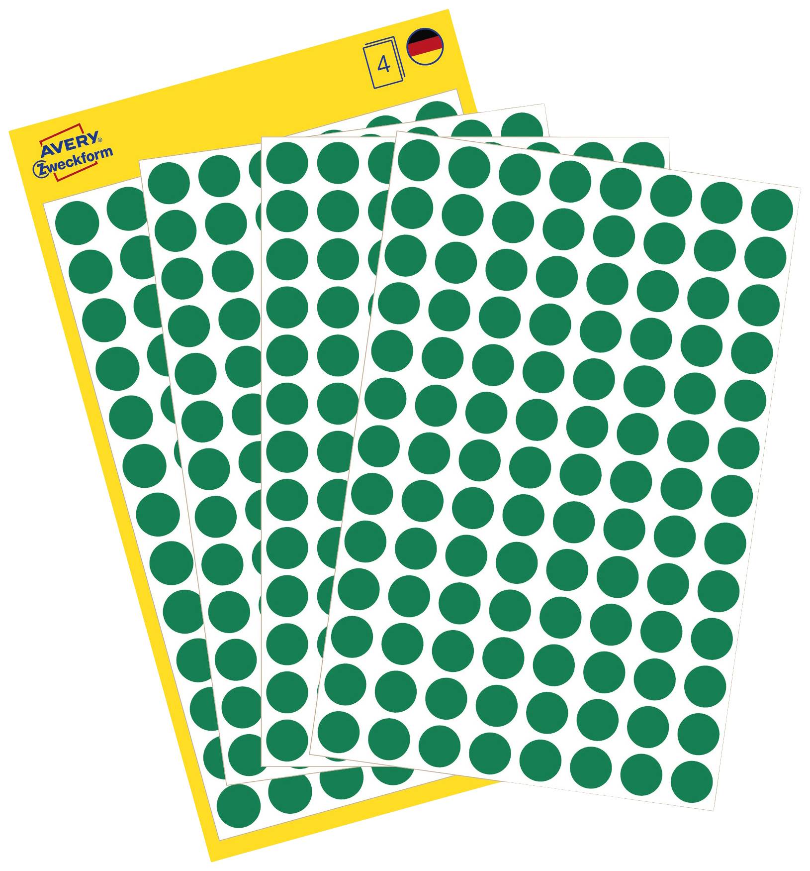 Zelené samolepicí body na čtyřech listech. Balení s žlutým okrajem a německým státním symbolem.