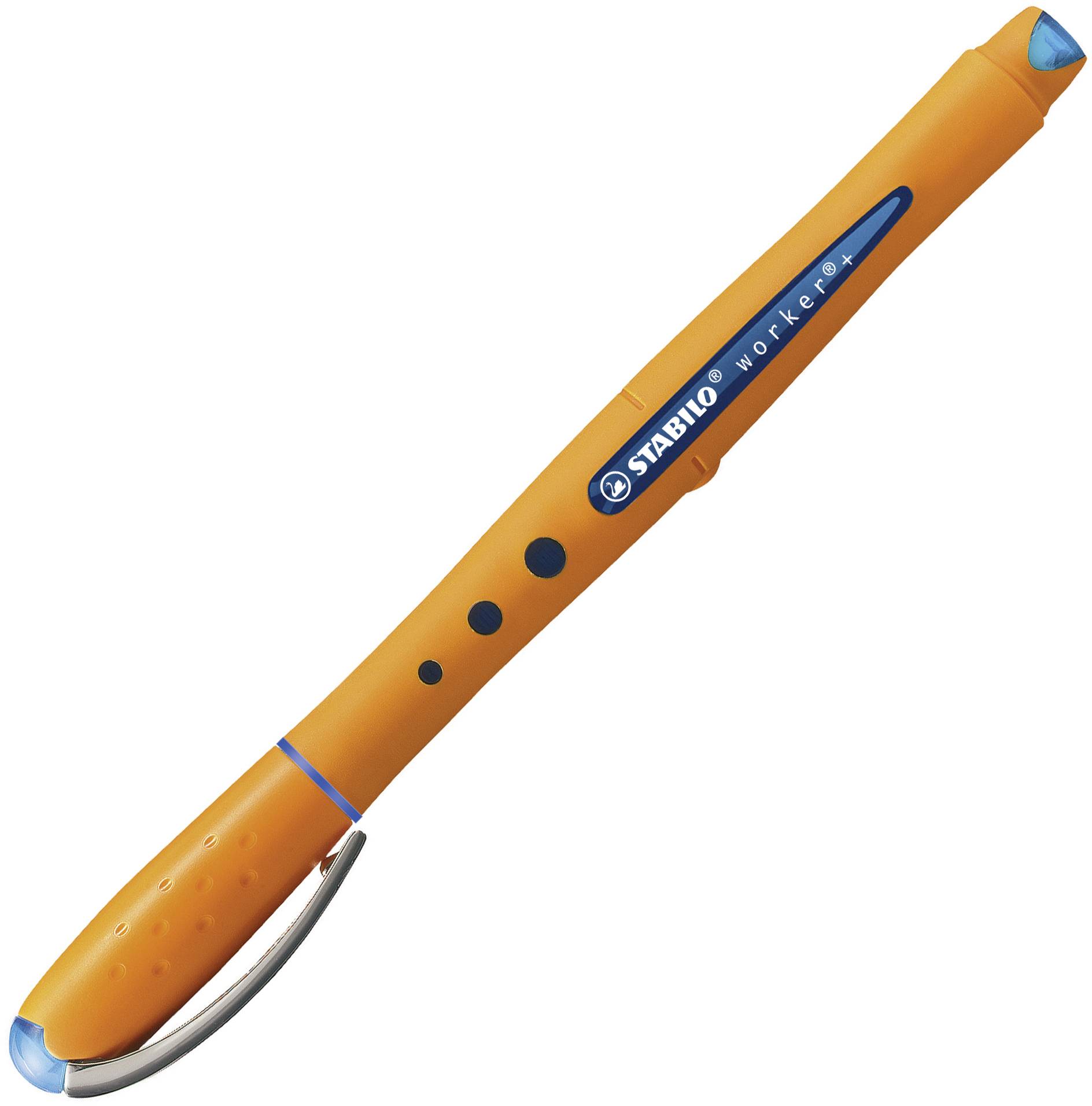 Oranžový gelový roller s ergonomickou, pogumovanou rukojetí a kovovým klipem. Na straně nápis 'STABILO worker+'.