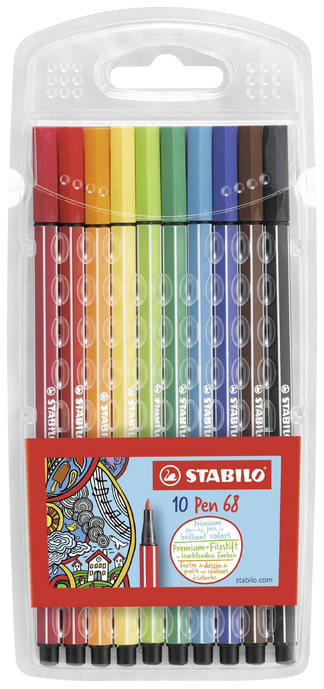 Deset barevných fixů Stabilo v průhledném obalu. Barvy zahrnují červenou, oranžovou, žlutou, zelenou, modrou a hnědou. Obal má pestré designové provedení.