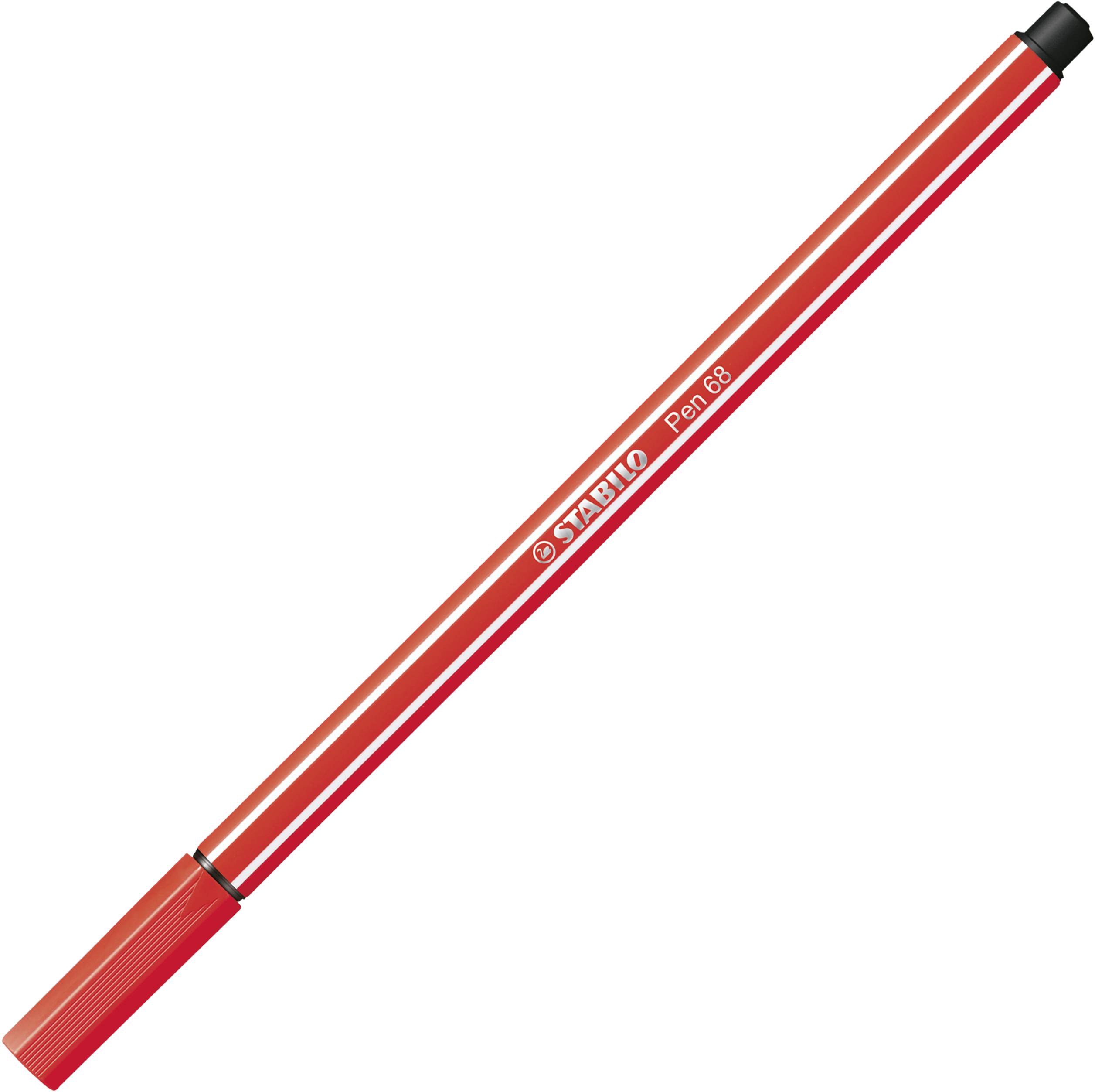 Červený plstěný fix s černým víčkem, označený jako 'STABILO Pen 68'. Ideální pro kreslení a psaní.