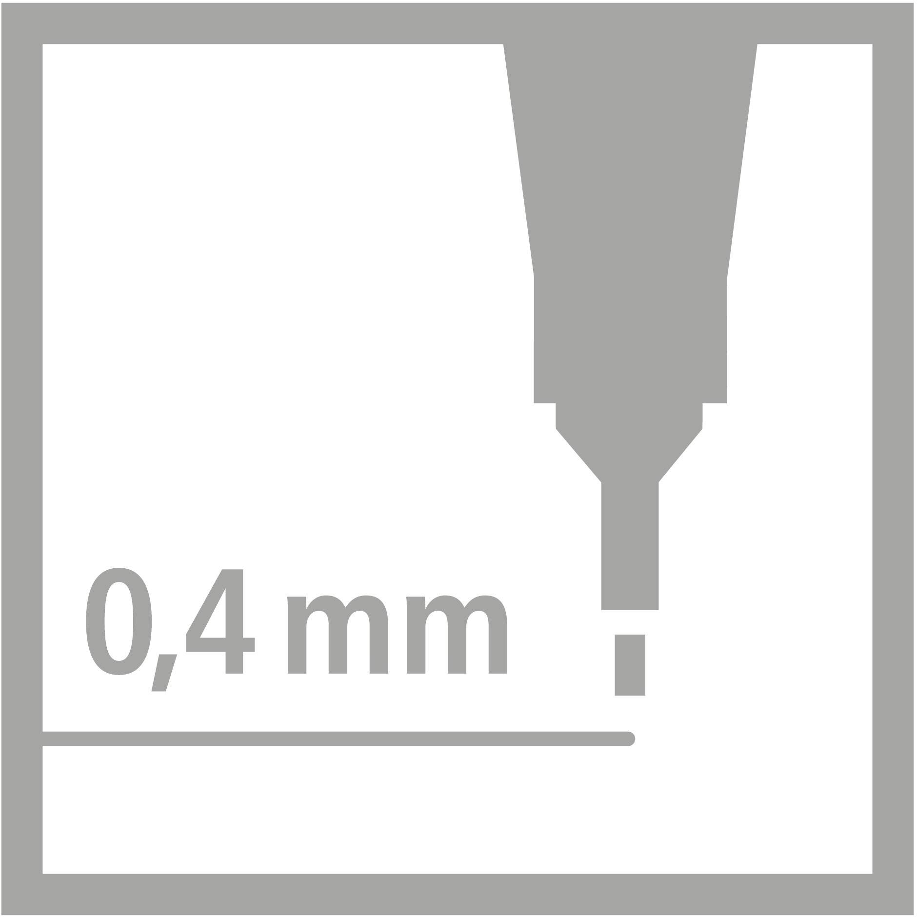 Symbol zobrazuje hrot pera, který táhne čáru. Vedle je uvedeno '0,4 mm', což udává šířku linky pera.