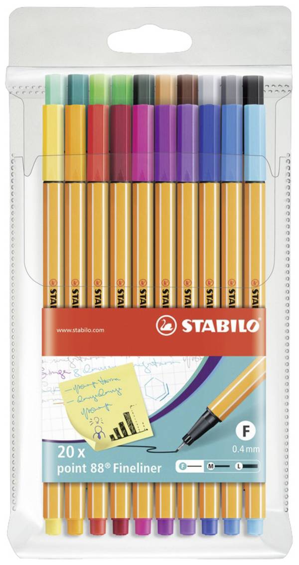 STABILO point 88 8820 popisovač žlutá, oranžová, červená, tmavě červená, růžová, fialová, fialová, modrá, světle modrá, středně modrá , tyrkysově modrá , zelená, světle zelená, ledově zelená , olivově zelená , hnědá, okrová tmavá , světle šedá, tmavě šedá , černá 0.4 mm 20 ks