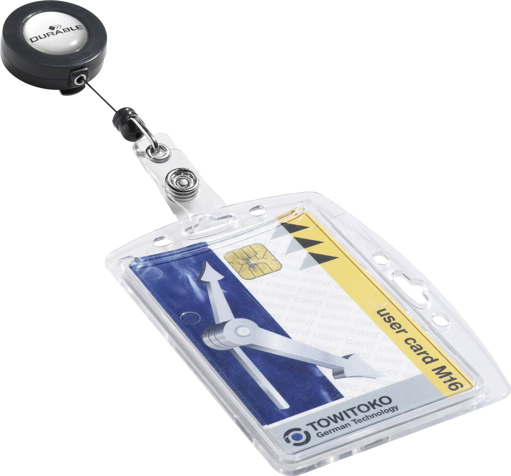 Průhledný držák karty obsahuje kartu 'User Card M16' od společnosti TOWITOKO German Technology. Nahoře je připevněn černý klip od firmy DURABLE.