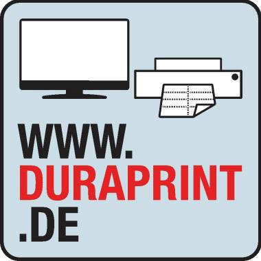 Počítačový monitor a tiskárenská ikona nad textem 'www.duraprint.de' v černém a červeném písmu.