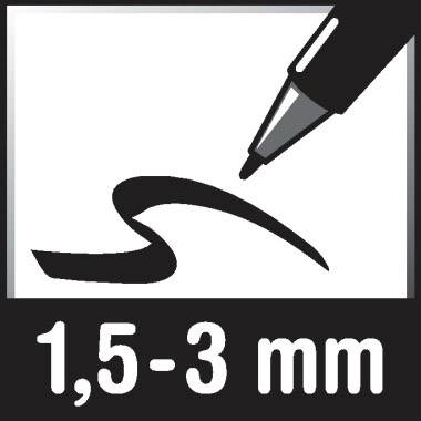 Černý fix táhne tlustou, vlnovkovitou čáru. Pod ní je napsáno „1,5-3 mm".