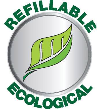 Kulaté logo zobrazuje zelený list uprostřed a slova 'Refillable' a 'Ecological' po okraji, což signalizuje environmentální šetrnost.