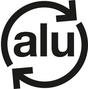 Černý recyklační symbol s písmeny 'alu' uprostřed, obklopený dvěma kruhovými šipkami.