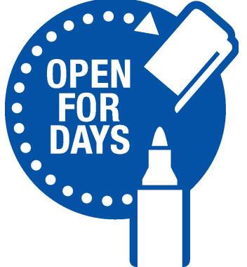 Modrý kruh s textem 'OPEN FOR DAYS' a otevřenou fixkou, který symbolizuje dlouhověkost a trvalou otevřenost.