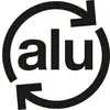 Černý kruhový symbol se dvěma šipkami a textem 'alu' uprostřed symbolizuje recyklaci hliníku.
