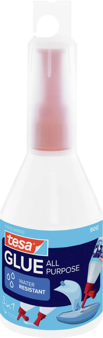 Lahvička lepidla tesa Glue All Purpose, vodotěsné, 90 g, s modrou etiketou a červenou kapalinou uvnitř.
