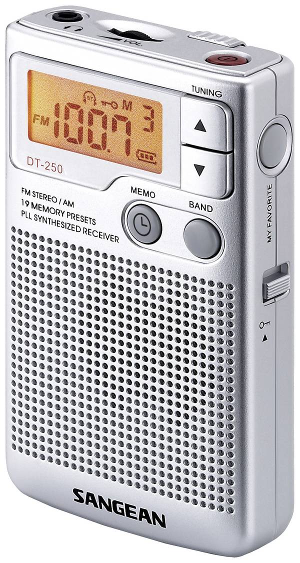 Sangean Pocket 250 DT-250 kapesní rádio, FM, AM, FM, zámek klávesnice, stříbrná
