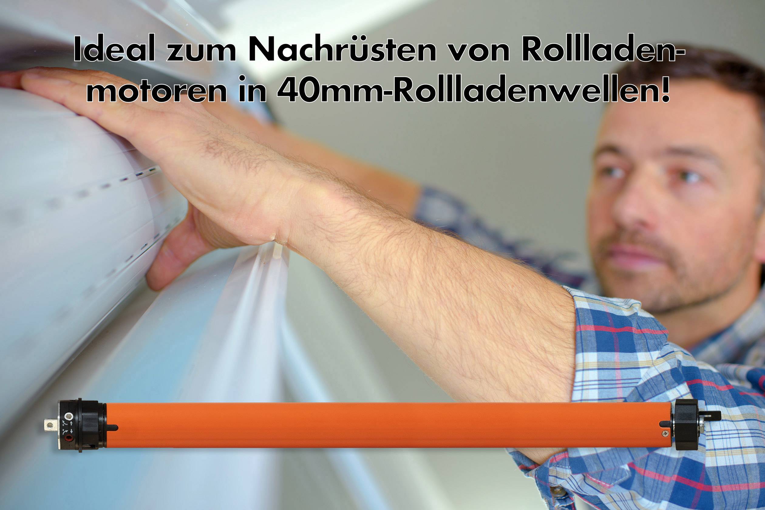 Muž instaluje motor rolety na hřídel rolety. Text: 'Ideální pro dodatečnou montáž motorů rolet do 40mm hřídelí rolet!'