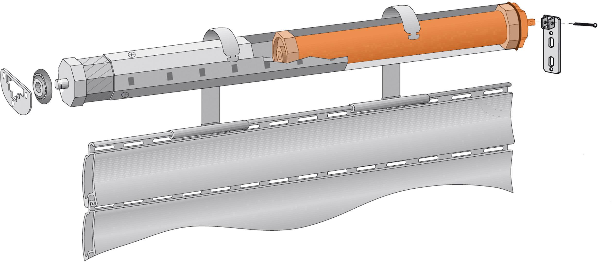 Diagram elektrického pohonu roletového systému. Zobrazuje motor, upevňovací kolejnice a propojovací komponenty.