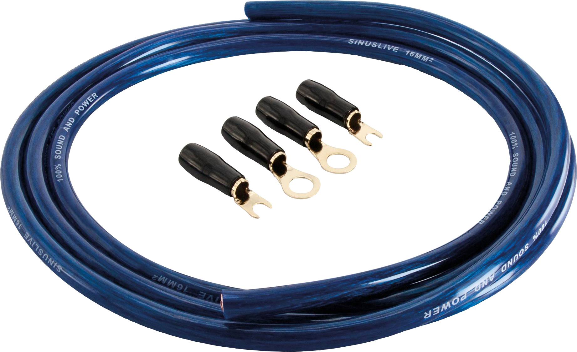 Modré audio kabel s černými konektory, vhodné pro automobilové nebo domácí audiosystémy, zobrazené ve spirálovitém uspořádání.