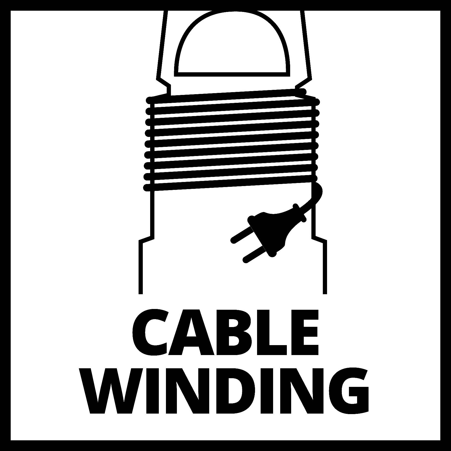 Obrázek zobrazuje symbol pro navíjení kabelu s adaptérem a nápisem 'CABLE WINDING'.