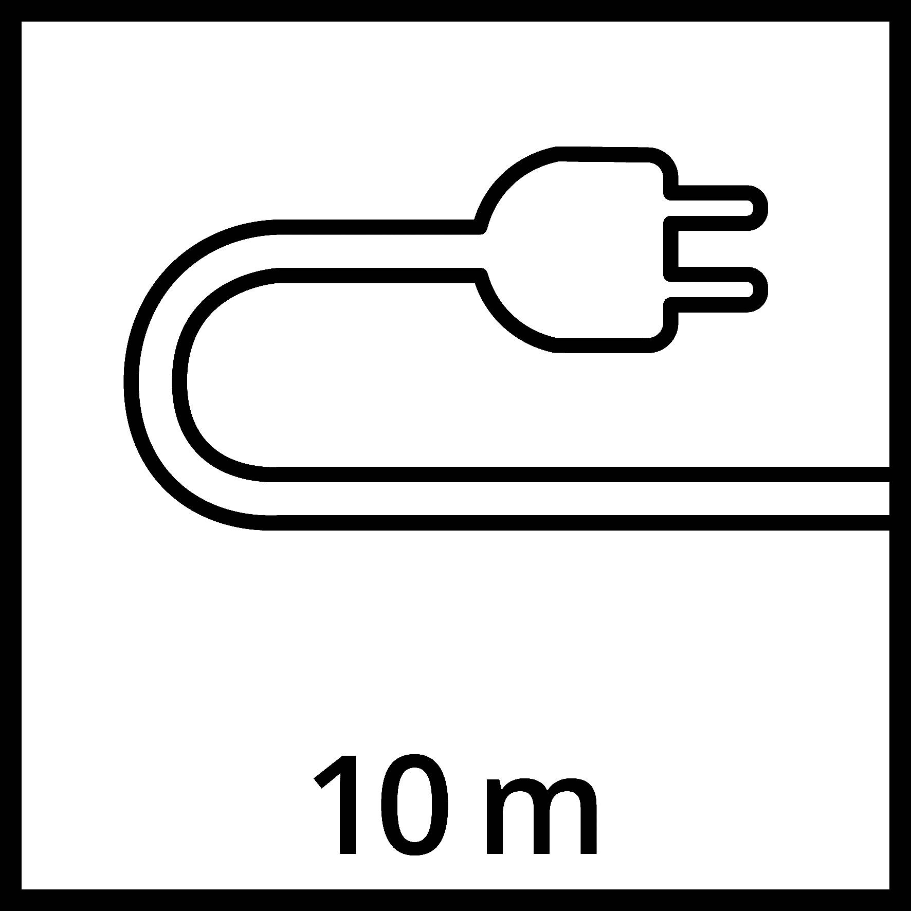 Černobílá ilustrace elektrického kabelu se zástrčkou a nápisem '10 m' udávajícím délku kabelu.