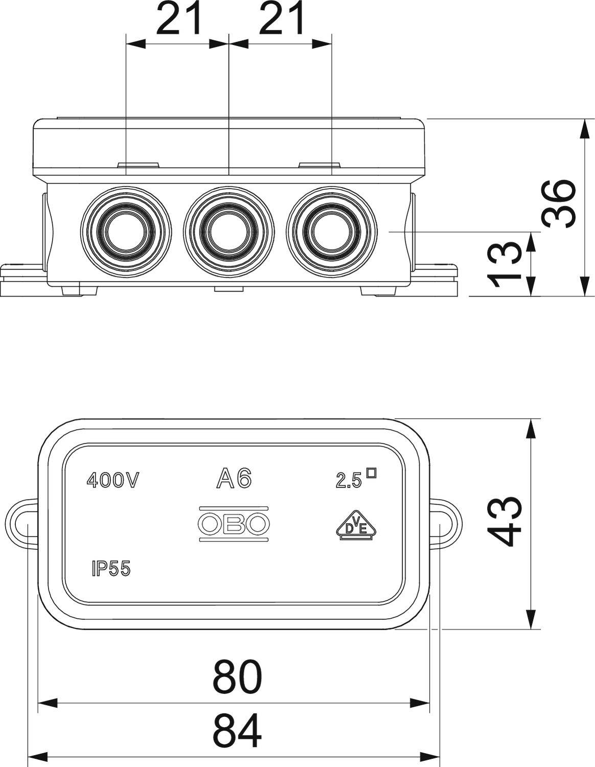 Schéma zapojení elektrické zásuvky s rozměry: 36 mm vysoká, 84 mm široká. Označená '400V', 'IP55', 'A6', 'OBO'.
