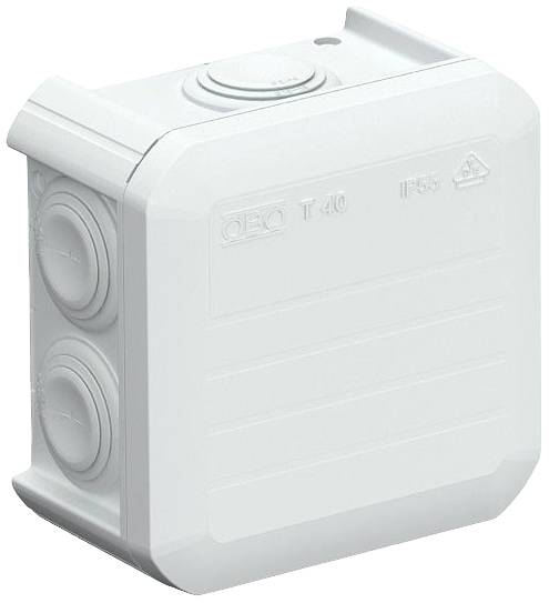 Bílá plastová rozvodná krabice s kulatými připojovacími místy po stranách a nápisem 'IP55', vhodná pro elektroinstalace.