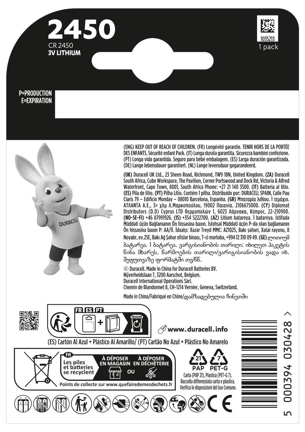 Balení baterie CR 2450 3V lithiová Duracell s maskotu zajíčka. Návod obsahuje „Uchovávejte mimo dosah dětí" v několika jazycích.