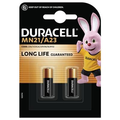 Balíček baterií Duracell MN21/A23 obsahující dvě baterie s postavou běžícího růžového králíčka na obalu, s popisem "DLOUHÁ ŽIVOTNOST GARANTOVÁNA".