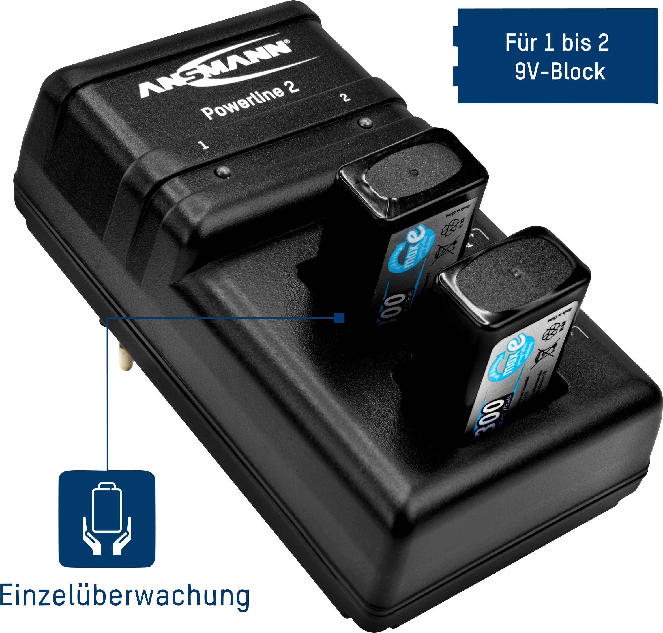 Nabíječka pro 9V baterie s individuálním monitorováním, pro dvě vložené baterie. Název značky nahoře, poznámka 'Pro 1 až 2 9V bloky'.