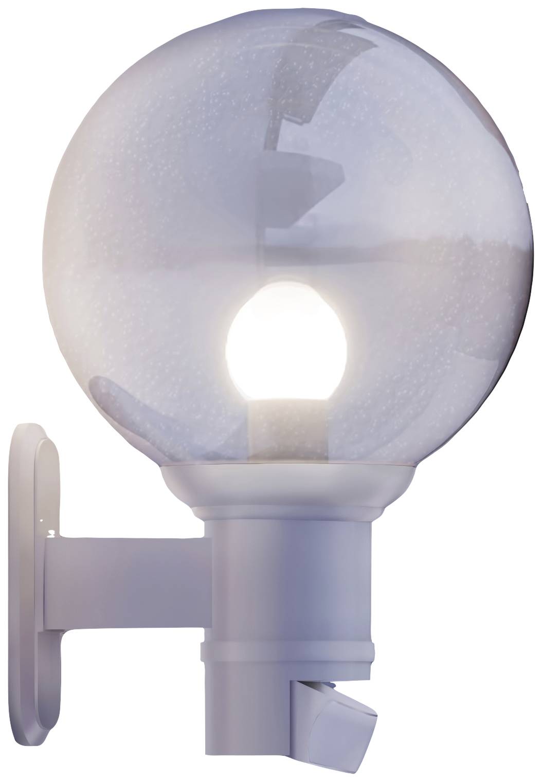 Nástěnná lampa s kulatým průsvitným stínítkem a viditelnou žárovkou, která poskytuje teplé světlo.