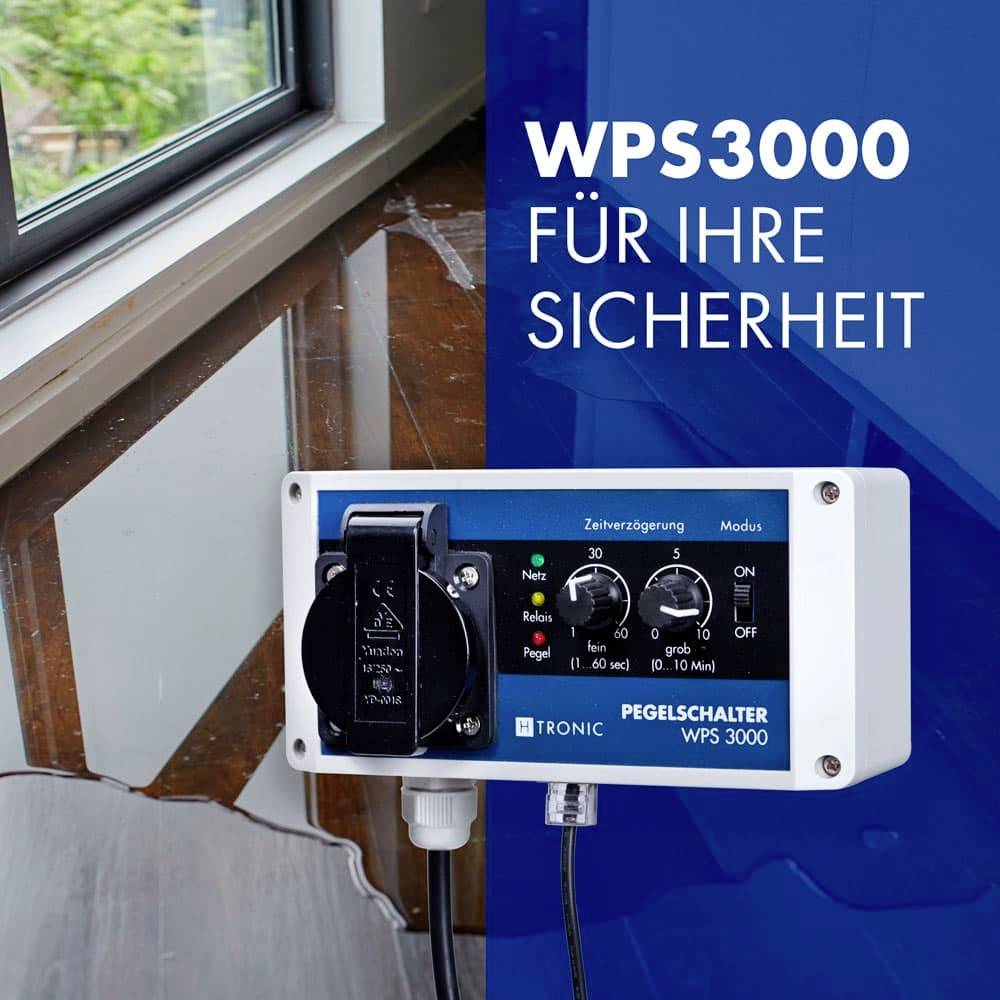 Hladinový spínač WPS3000 je umístěn vedle okna. Na pravé straně je napsáno: 'WPS3000 pro vaši bezpečnost'.