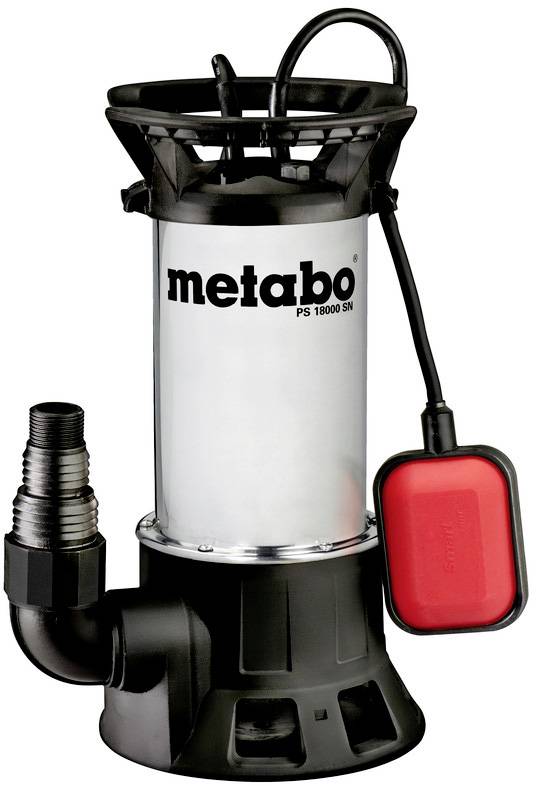 Stříbrná a černá pumpa s nápisem 'metabo PS 18000 SN'. Na straně je připevněn červený plovák.